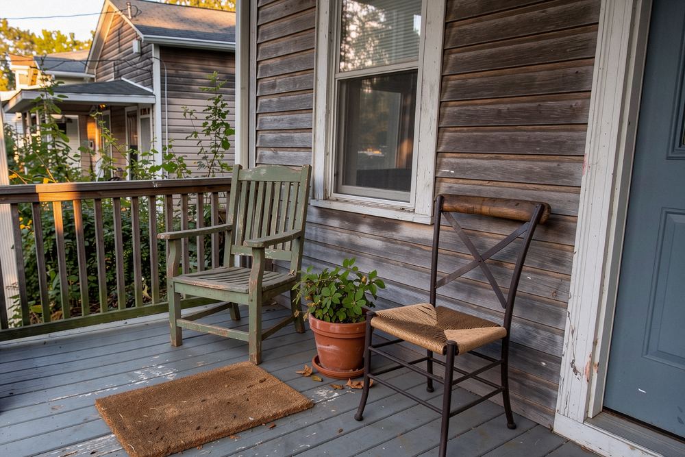 Front porch of an older wood-sided house with two chairs and a potted plant